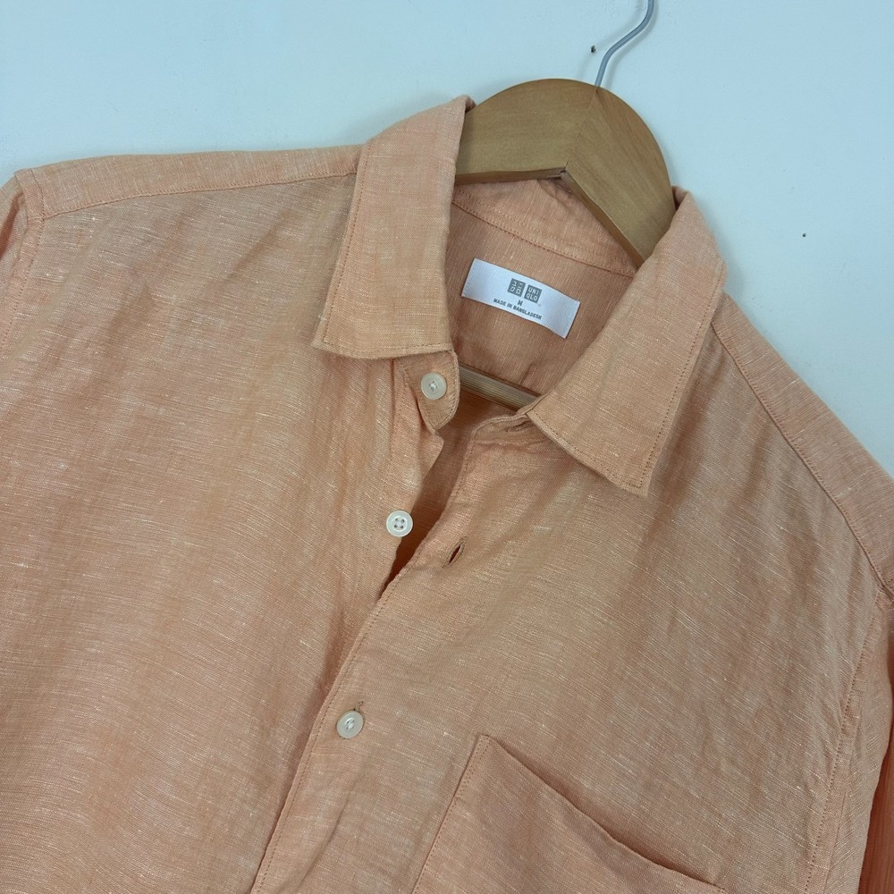 Uniqlo 100% Linen Shirt Orange Pocket Long Sleeve Button Up Casual Wear Mens M